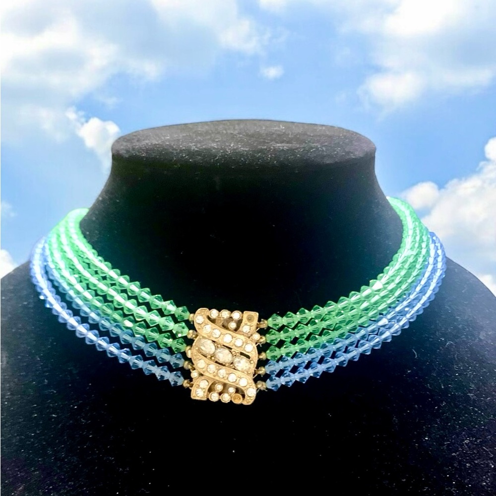 Vintage Blue & Green Glass Faceted Bead Multi-Strand Choker Collar Necklace